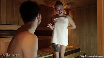 Curvy girl getting naked for a dick in sauna